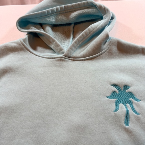 Pink Palm Puff Tops - Pink Palm Puff Hoodie Womens Large Blue Tropical Embroidered Fleece Sweatshirt